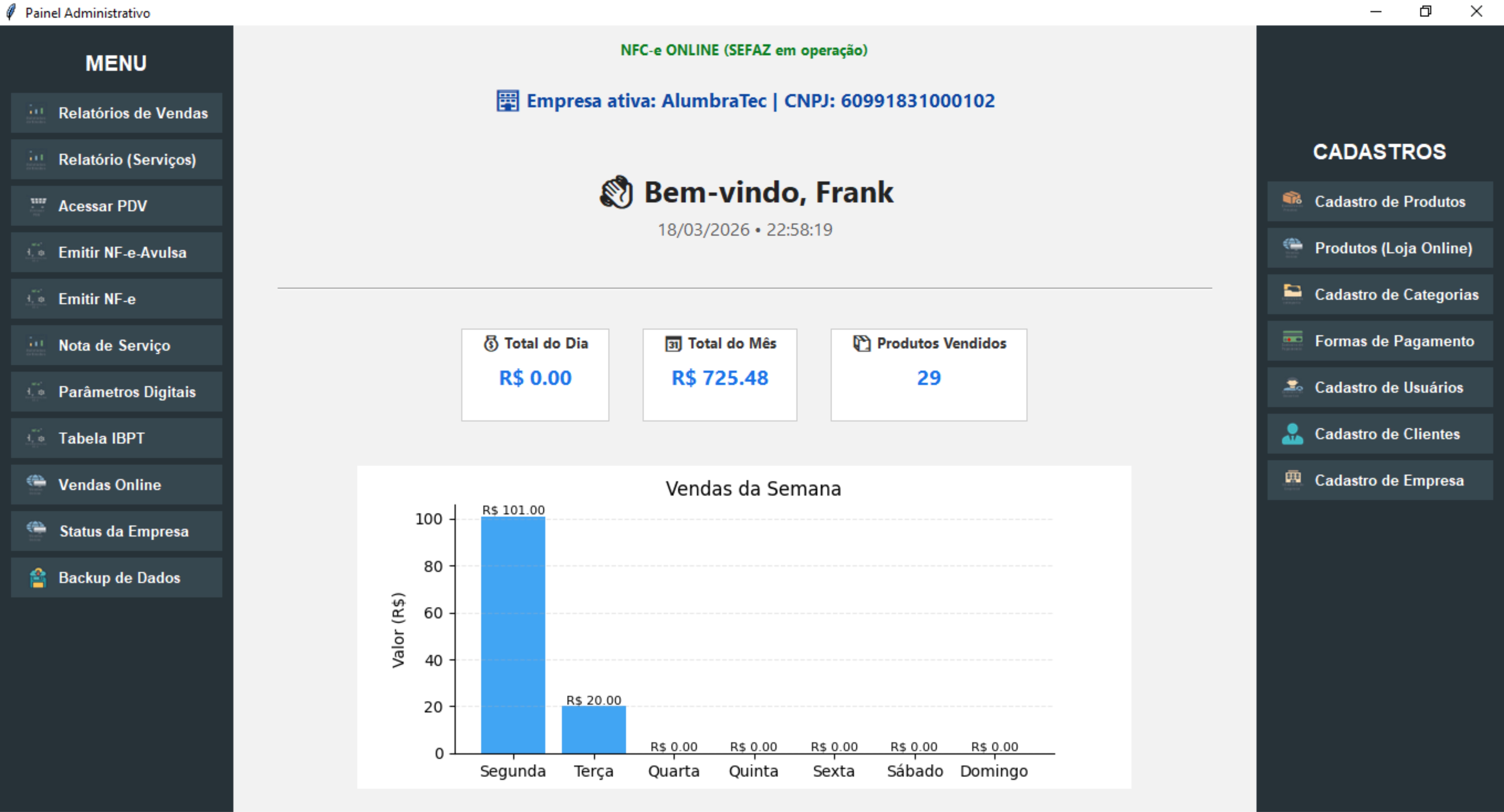 Tela do sistema da AlumbraTec